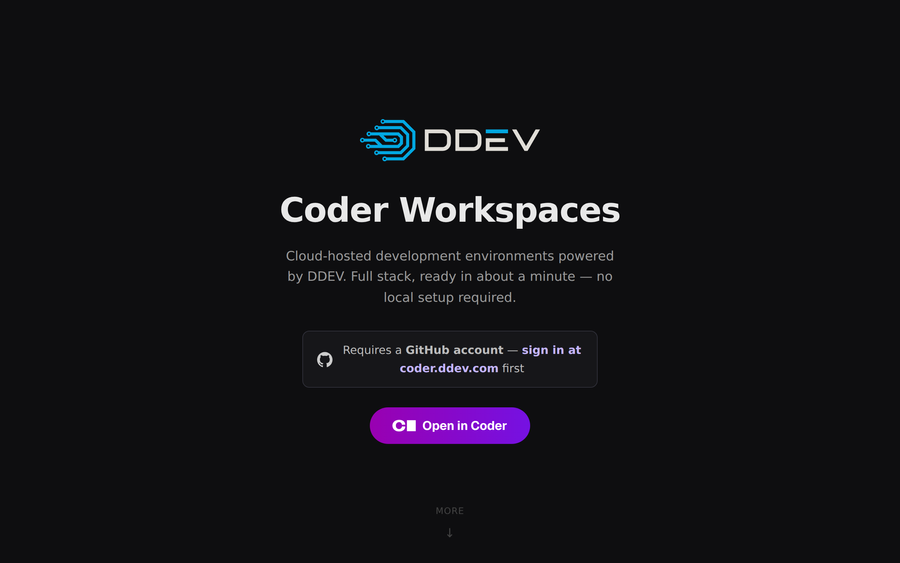 start.coder.ddev.com — Coder Workspaces landing page showing the DDEV logo and Open in Coder button
